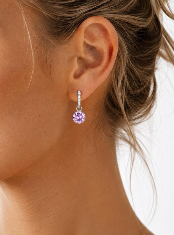 Argollas-plata- rodinada-con-cristales -de-Austria-violeta-y-charms intercambiables.