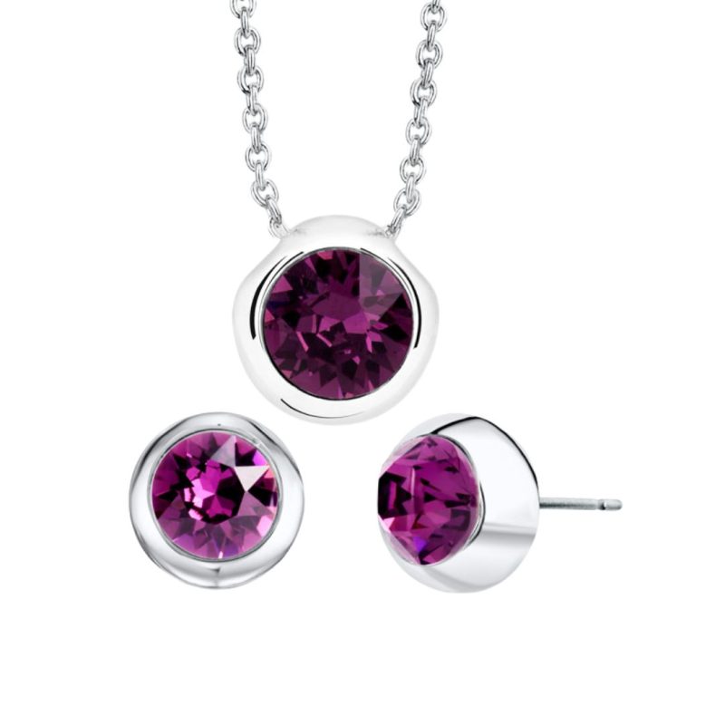 Conjunto de aros y collar Round Solitaire con Cristal de Austria en Amatista