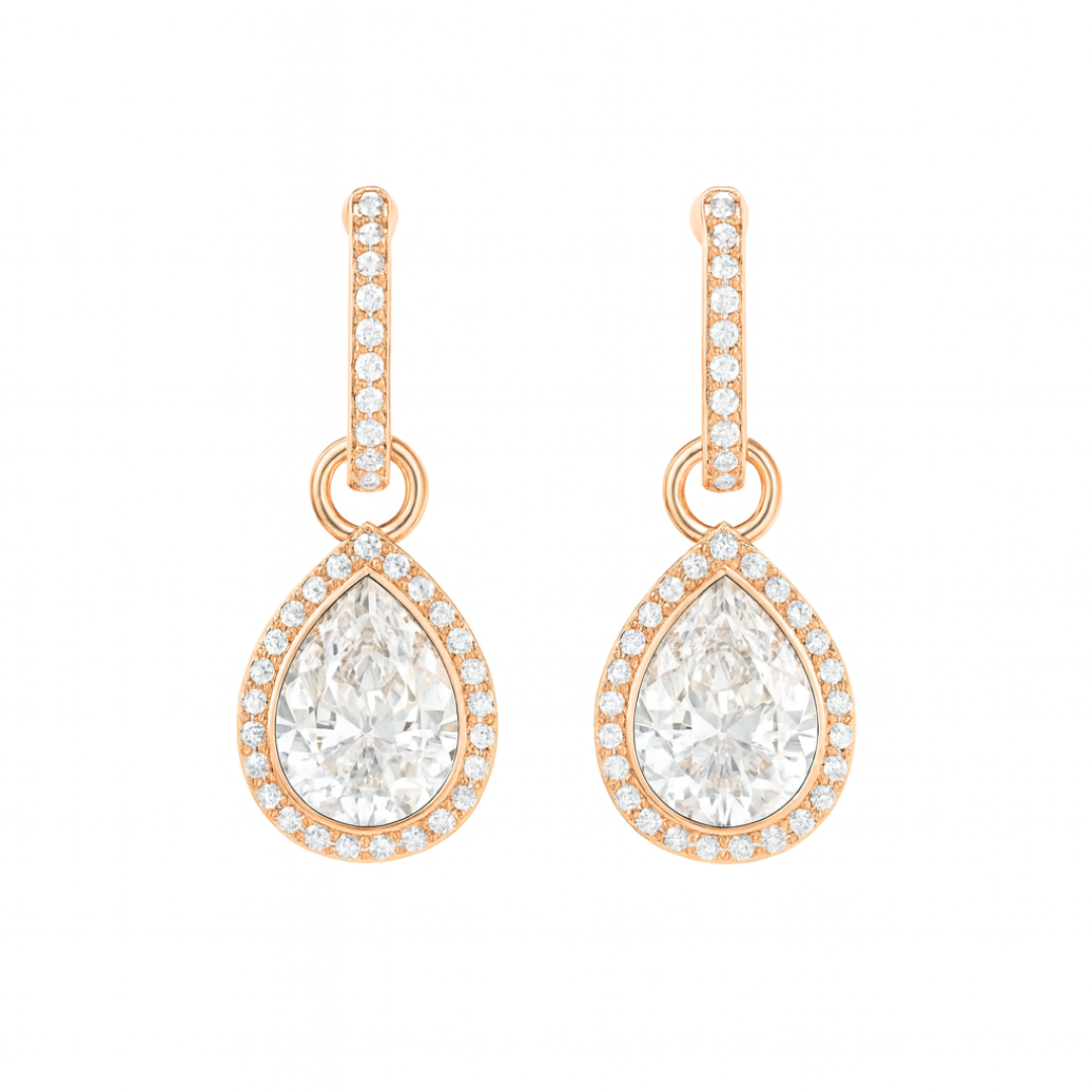 Diseño sin título (1) Aros Eternity Oro Rosa con Dije Gota y Cristales de Austria Transparentes – Hipoalergénicos - Imagen 1