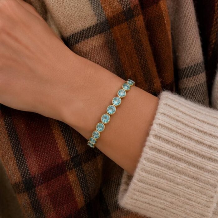 Pulsera de tenis con cristales turquesa claro baño en oro - Imagen 7